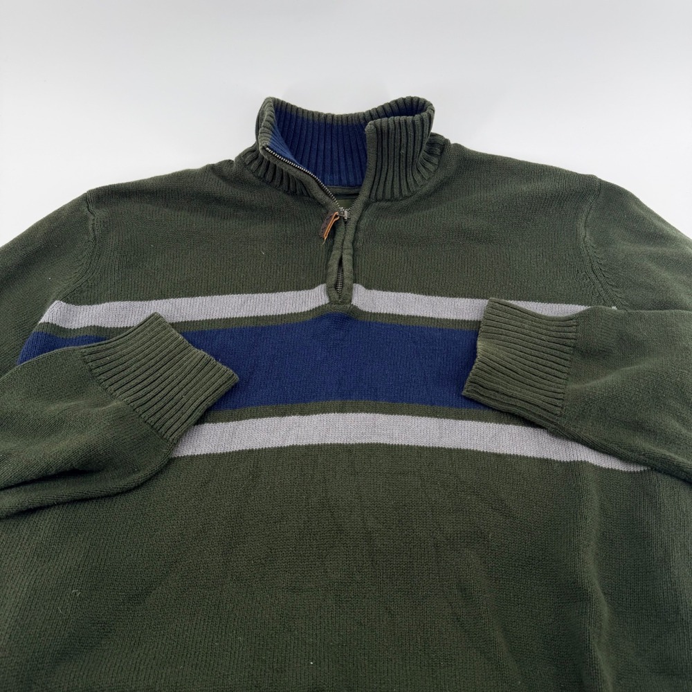 Eddie Bauer Striped Quarter Zip Sweater Mens XL Green Blue Cotton Pullover